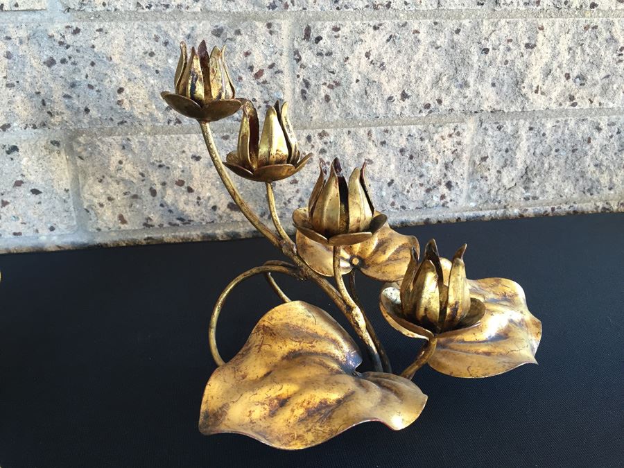 Pair Of Gilt Metal Floral Candle Holders [Photo 4]