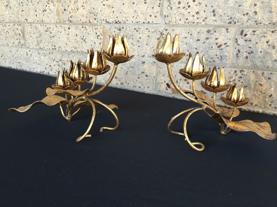 Pair Of Gilt Metal Floral Candle Holders [Photo 3]