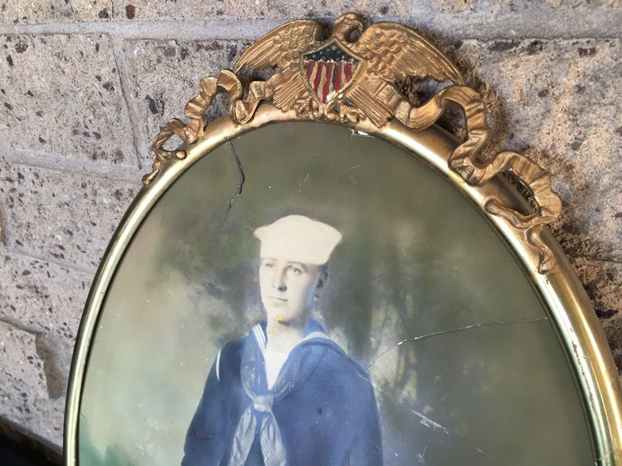 Old Metal Oval Picture Frame With Painted Eagle Emblem And Vintage Colored U.S. Navy Sailor's Portrait Photograph [Photo 11]
