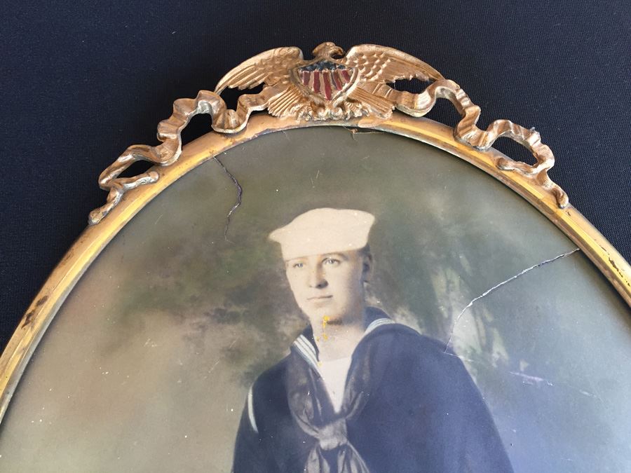 Old Metal Oval Picture Frame With Painted Eagle Emblem And Vintage Colored U.S. Navy Sailor's Portrait Photograph [Photo 7]