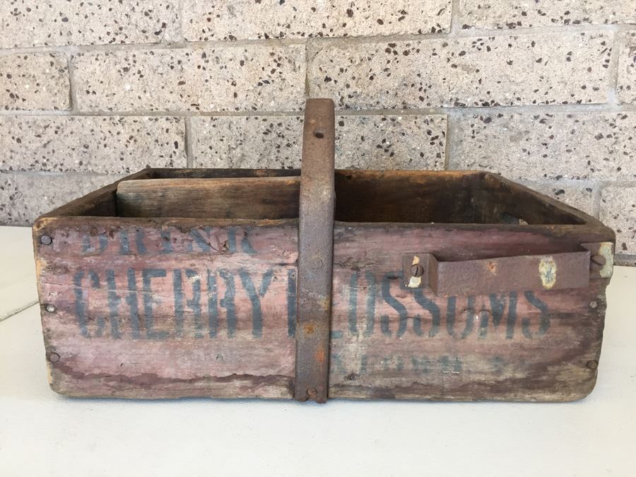 Vintage Wooden Crate With Metal Strapping Says 'DRINK CHERRY BLOSSOMS' On Side Soda Crate [Photo 1]