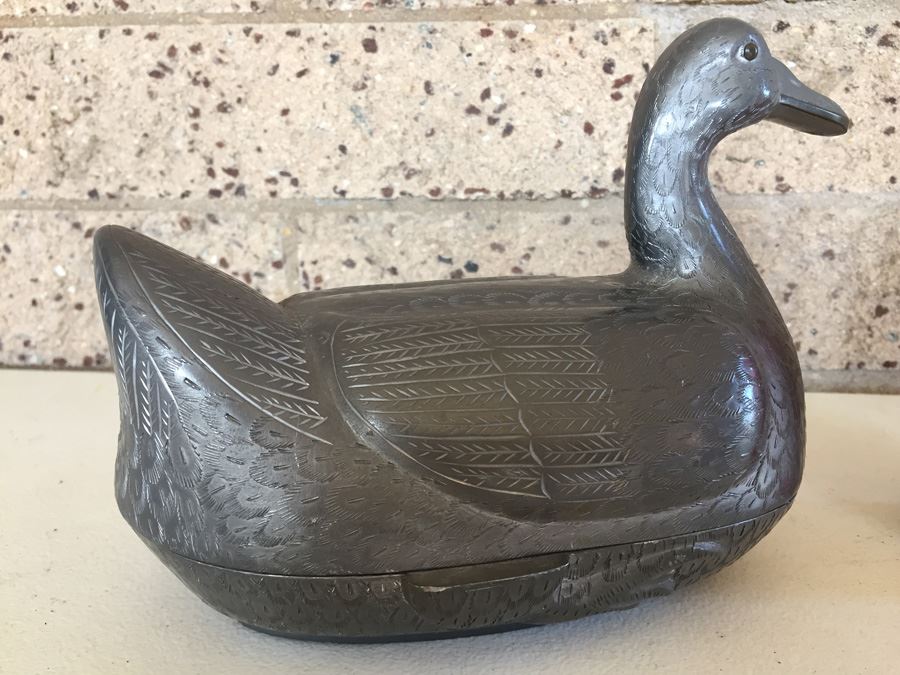 Exquisite Chinese Pewter Duck Covered Bowl With Lid [Photo 9]