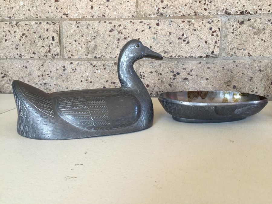 Exquisite Chinese Pewter Duck Covered Bowl With Lid [Photo 3]