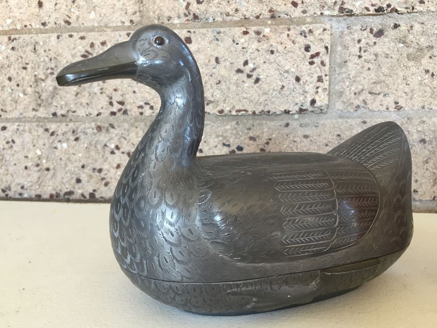 Exquisite Chinese Pewter Duck Covered Bowl With Lid [Photo 4]