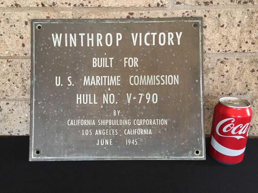HEAVY Thick Copper Brass Bronze Hull Identification Plate From Actual Ship WINTHROP VICTORY 1945