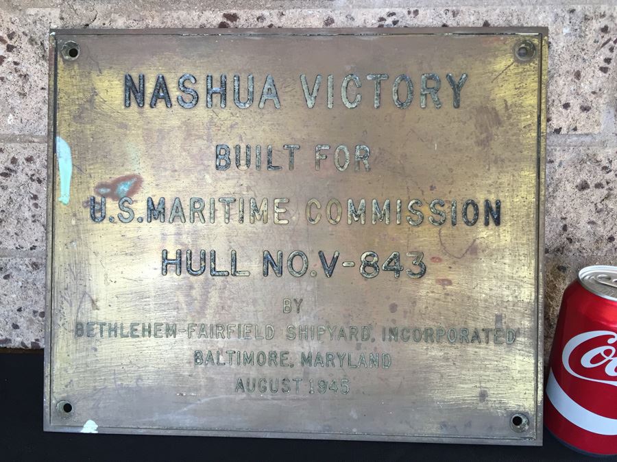 HEAVY Copper Brass Bronze Hull Identification Plate From Actual Ship NASHUA VICTORY 1945