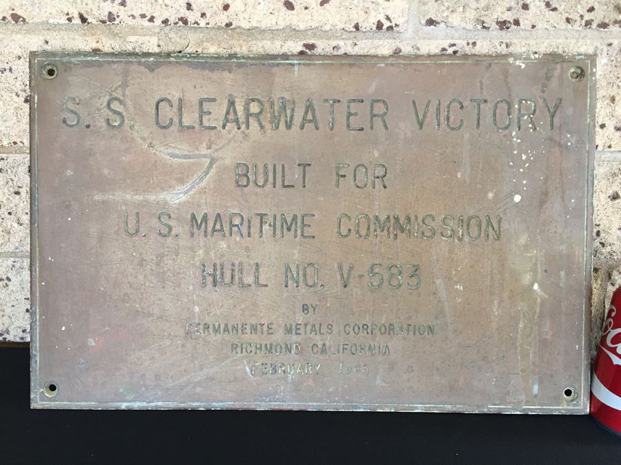 HEAVY Copper Brass Bronze Hull Identification Plate From Actual Ship S.S. CLEARWATER VICTORY 1945