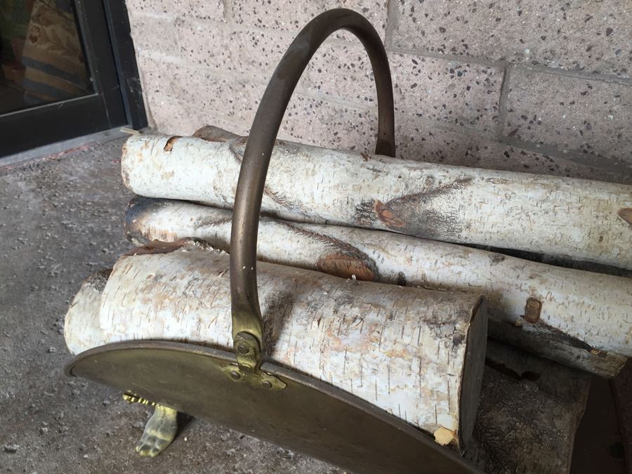 Vintage Footed Brass Fireplace Log Holder Carrier With Logs [Photo 8]