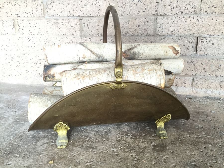 Vintage Footed Brass Fireplace Log Holder Carrier With Logs [Photo 6]