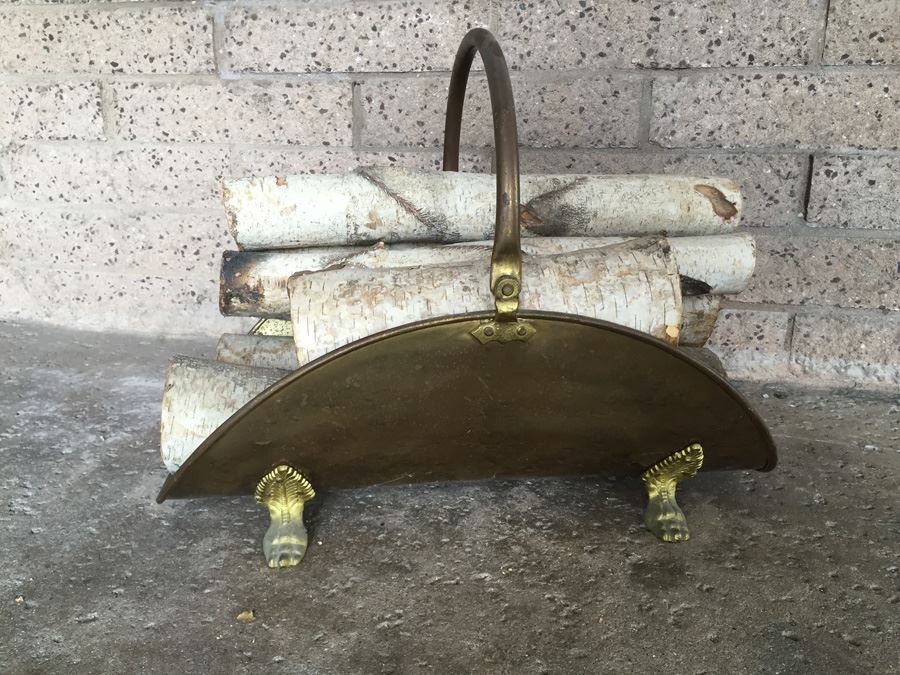 Vintage Footed Brass Fireplace Log Holder Carrier With Logs [Photo 5]