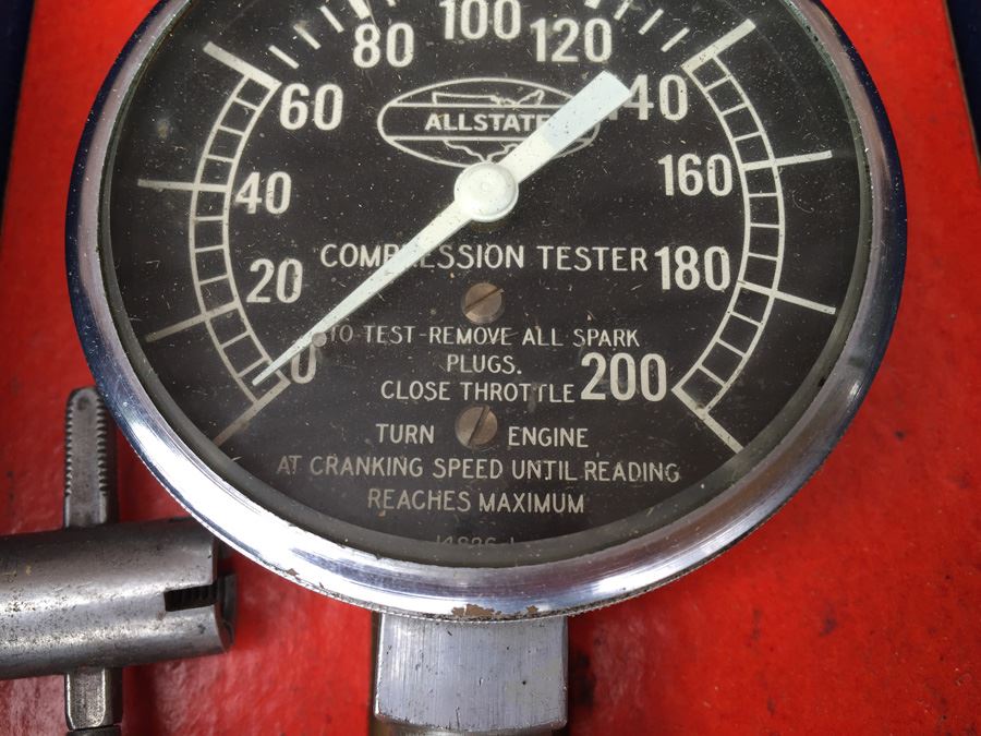 Vintage Automobile Piston Compression Tester With Original Box Allstate No. 8072 And Vintage Calipers Union Tool Company Orange Mass [Photo 3]