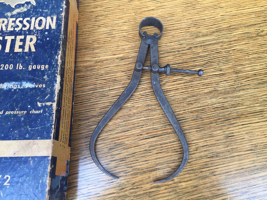 Vintage Automobile Piston Compression Tester With Original Box Allstate No. 8072 And Vintage Calipers Union Tool Company Orange Mass [Photo 6]