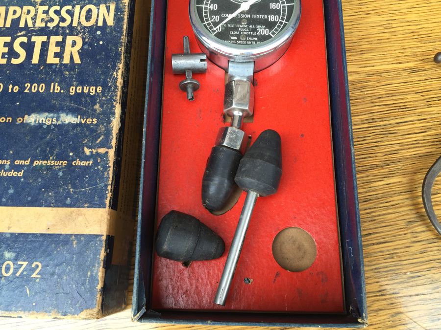 Vintage Automobile Piston Compression Tester With Original Box Allstate No. 8072 And Vintage Calipers Union Tool Company Orange Mass [Photo 11]