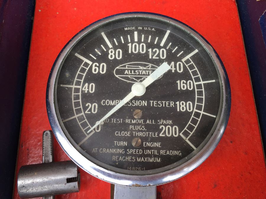 Vintage Automobile Piston Compression Tester With Original Box Allstate No. 8072 And Vintage Calipers Union Tool Company Orange Mass [Photo 10]