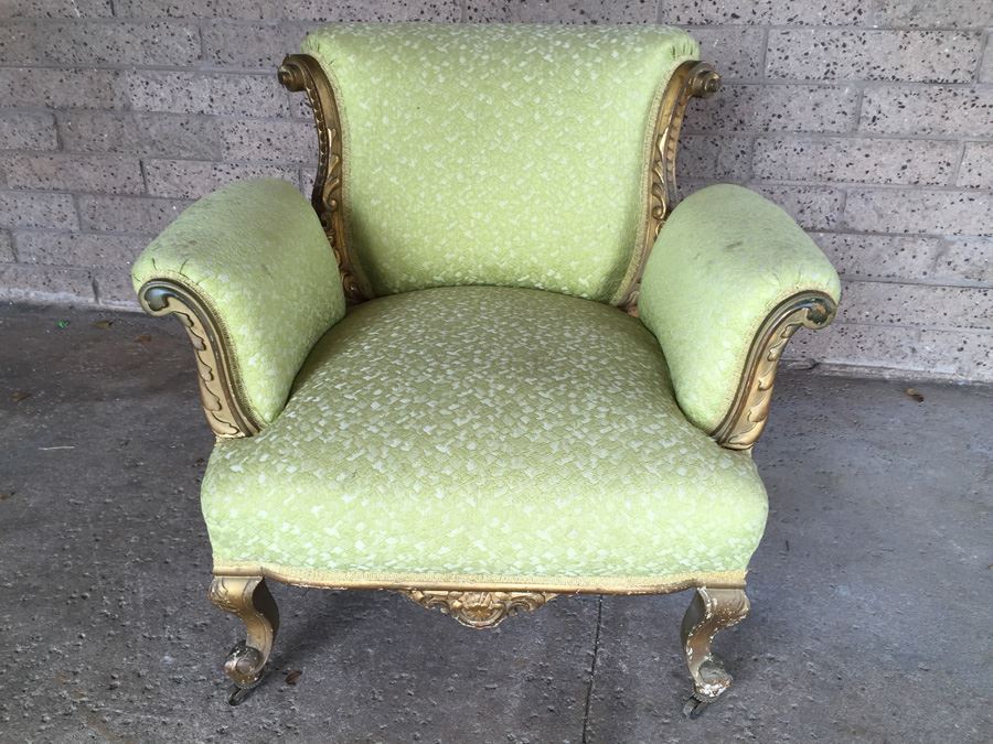 Beautiful Antique Italian Gilt Wood Upholstered Rococo Armchair With Casters [Photo 6]