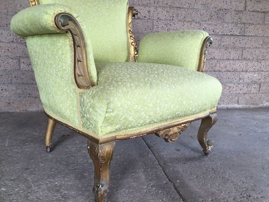 Beautiful Antique Italian Gilt Wood Upholstered Rococo Armchair With Casters [Photo 3]