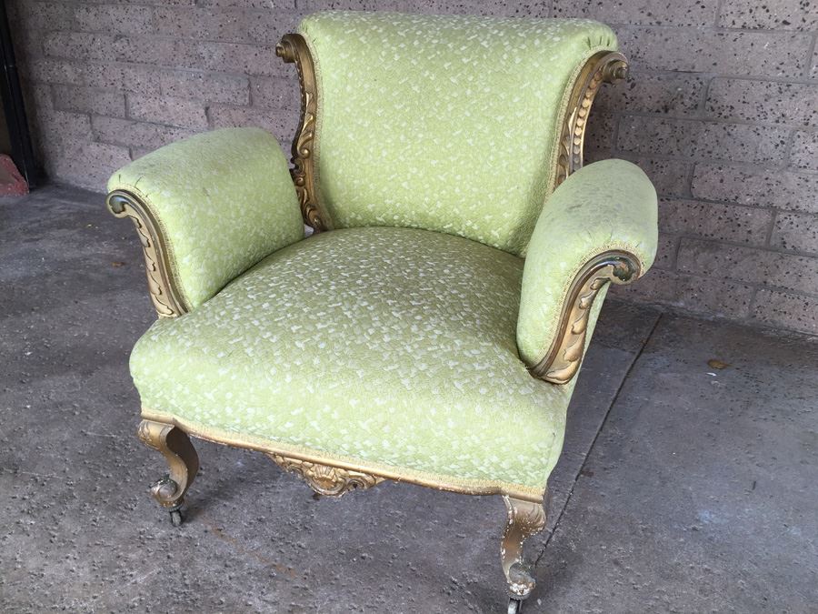 Beautiful Antique Italian Gilt Wood Upholstered Rococo Armchair With Casters [Photo 5]