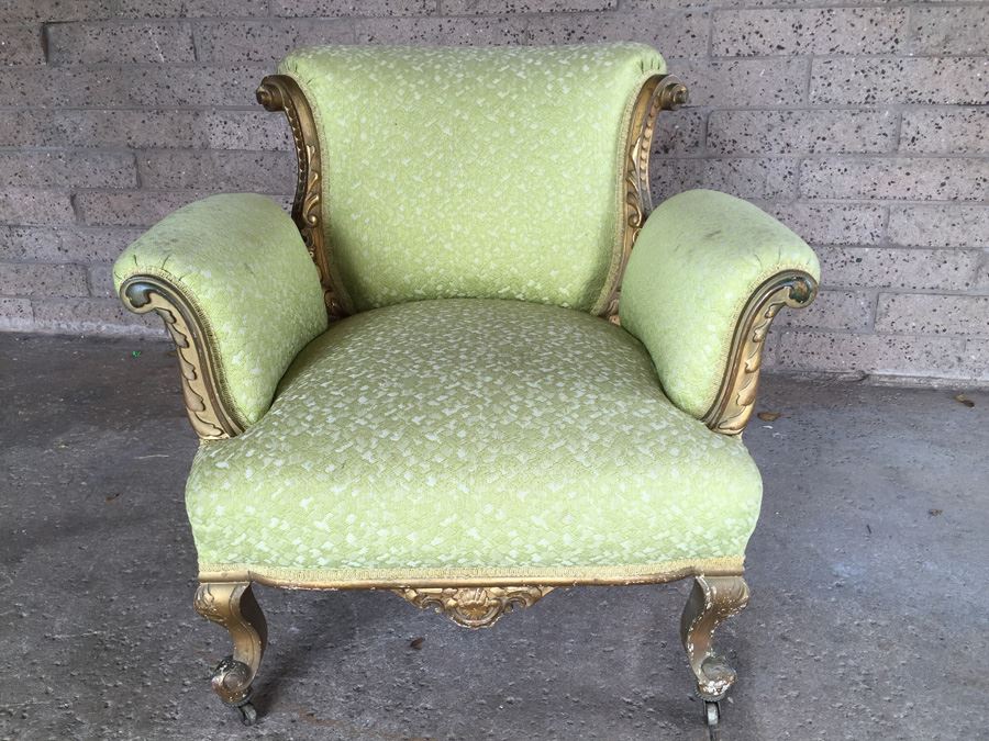 Beautiful Antique Italian Gilt Wood Upholstered Rococo Armchair With Casters [Photo 4]