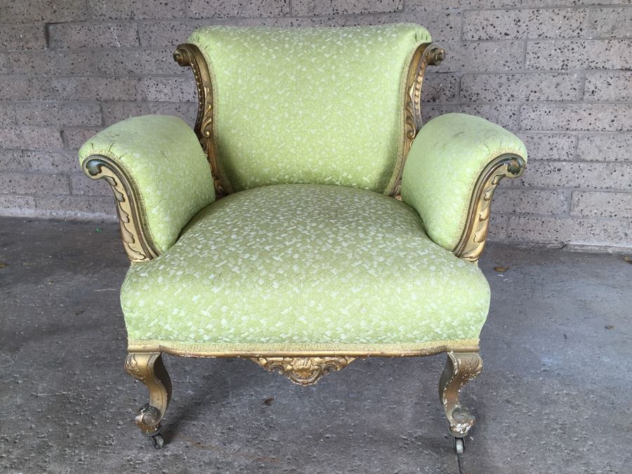 Beautiful Antique Italian Gilt Wood Upholstered Rococo Armchair With Casters