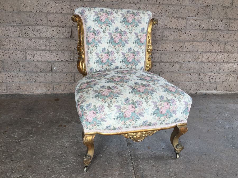 Beautiful Antique Italian Gilt Wood Upholstered Rococo Chair With Casters