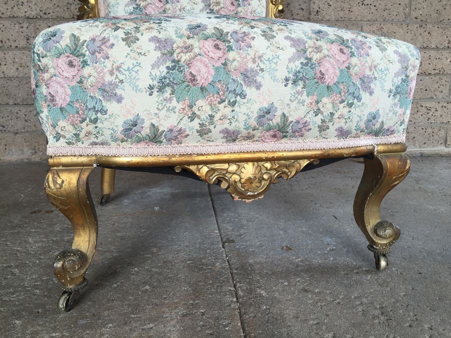 Beautiful Antique Italian Gilt Wood Upholstered Rococo Chair With Casters [Photo 3]