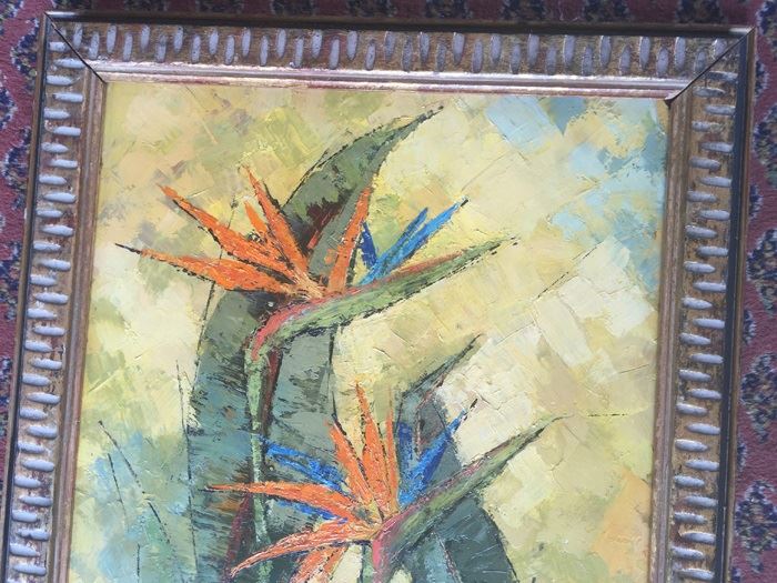 Original Mid-Century Oil Painting Of Bird-Of-Paradise With Nude Woman Painting On Back By Edith Sullivan 40 1/2' X 22 1/2' [Photo 4]