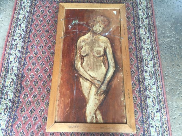 Original Mid-Century Oil Painting Of Bird-Of-Paradise With Nude Woman Painting On Back By Edith Sullivan 40 1/2' X 22 1/2' [Photo 2]