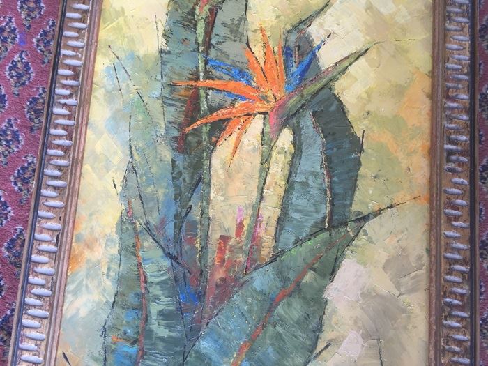 Original Mid-Century Oil Painting Of Bird-Of-Paradise With Nude Woman Painting On Back By Edith Sullivan 40 1/2' X 22 1/2' [Photo 5]