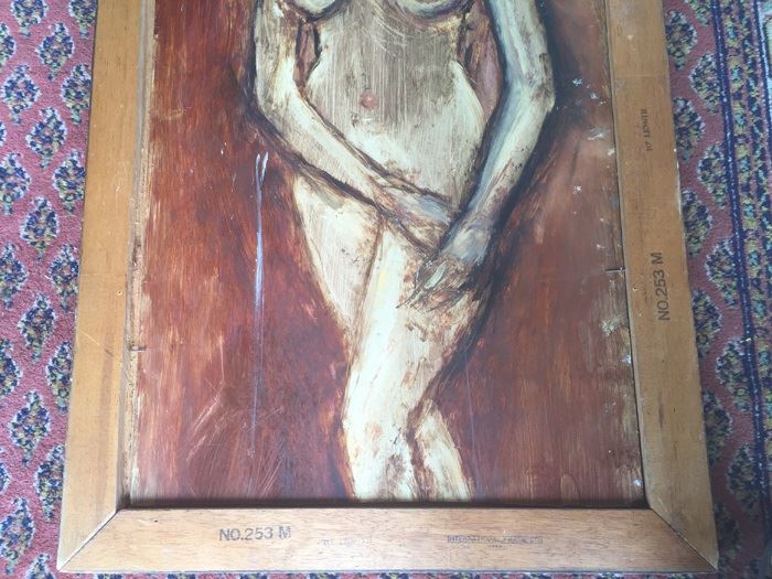 Original Mid-Century Oil Painting Of Bird-Of-Paradise With Nude Woman Painting On Back By Edith Sullivan 40 1/2' X 22 1/2' [Photo 10]