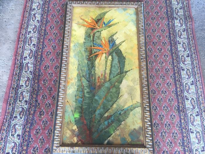 Original Mid-Century Oil Painting Of Bird-Of-Paradise With Nude Woman Painting On Back By Edith Sullivan 40 1/2' X 22 1/2' [Photo 1]