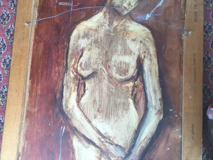 Original Mid-Century Oil Painting Of Bird-Of-Paradise With Nude Woman Painting On Back By Edith Sullivan 40 1/2' X 22 1/2' [Photo 9]