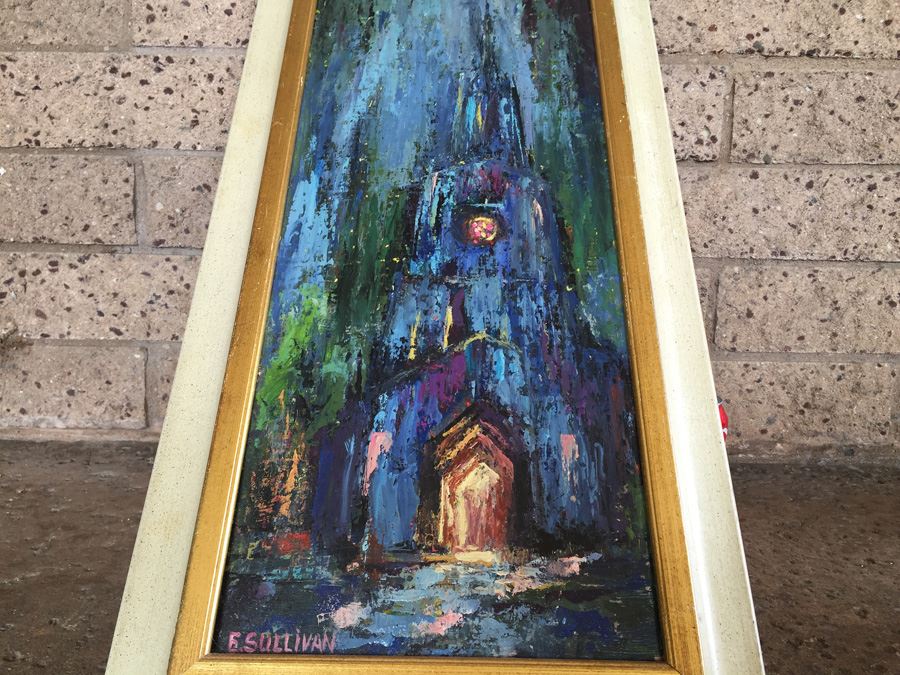 Original Mid-Century Abstract Oil Painting Of Church At Night By E. Sullivan [Photo 3]
