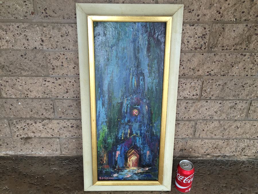 Original Mid-Century Abstract Oil Painting Of Church At Night By E. Sullivan [Photo 1]