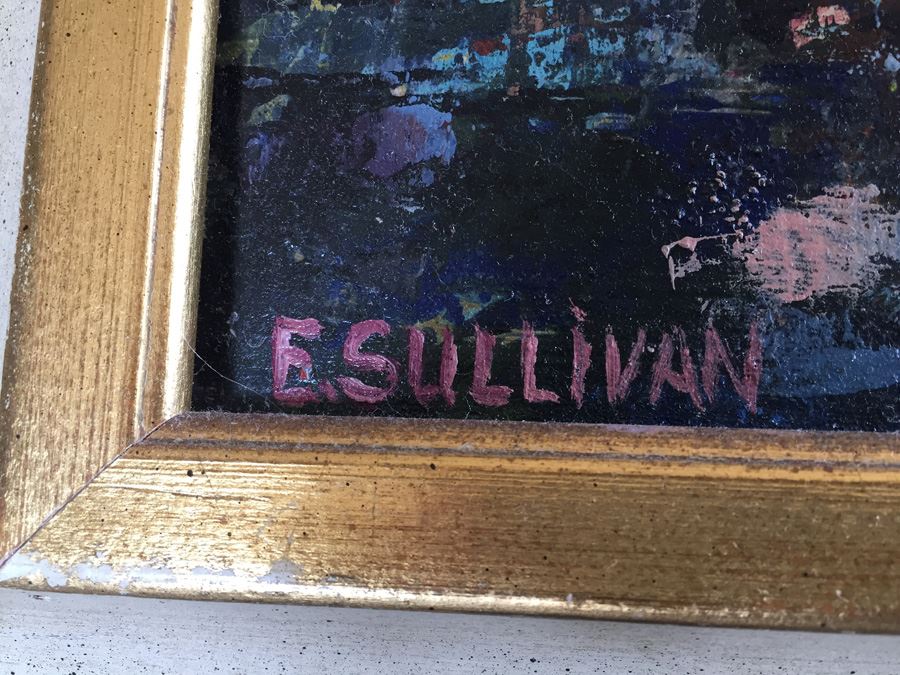 Original Mid-Century Abstract Oil Painting Of Church At Night By E. Sullivan [Photo 4]