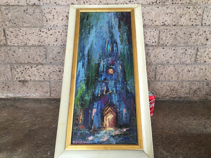 Original Mid-Century Abstract Oil Painting Of Church At Night By E. Sullivan [Photo 7]