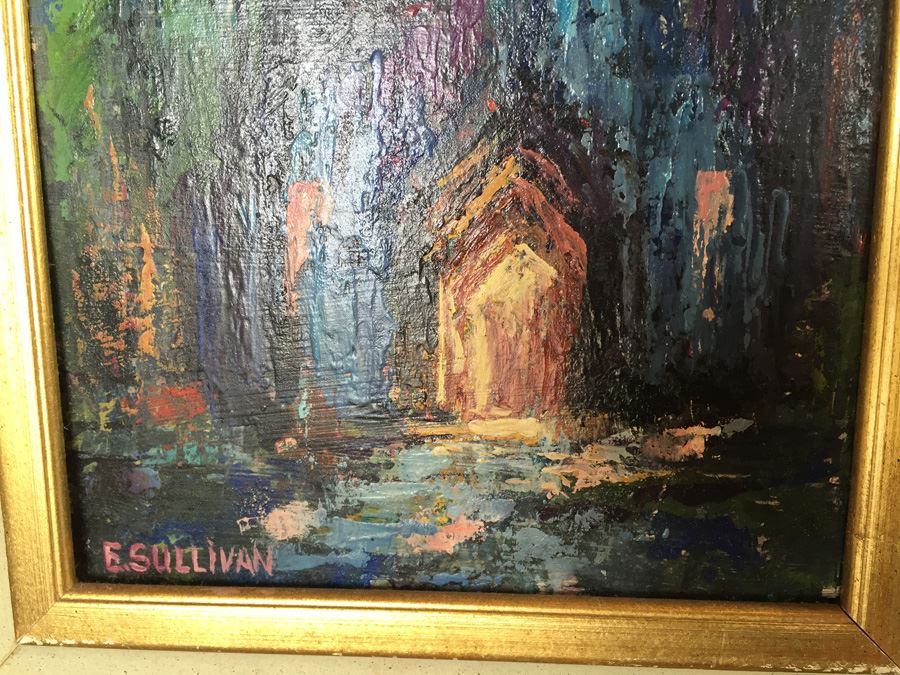 Original Mid-Century Abstract Oil Painting Of Church At Night By E. Sullivan [Photo 2]