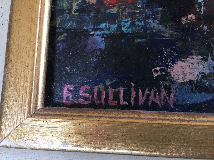 Original Mid-Century Abstract Oil Painting Of Church At Night By E. Sullivan [Photo 8]