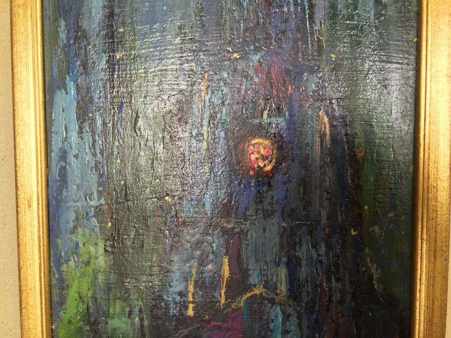 Original Mid-Century Abstract Oil Painting Of Church At Night By E. Sullivan [Photo 5]