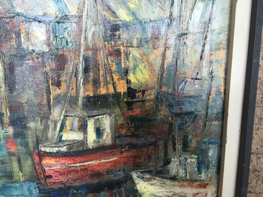 Original Mid-Century Abstract Cubism Oil Painting Titled 'Fishing Boats' By E. Sullivan [Photo 5]