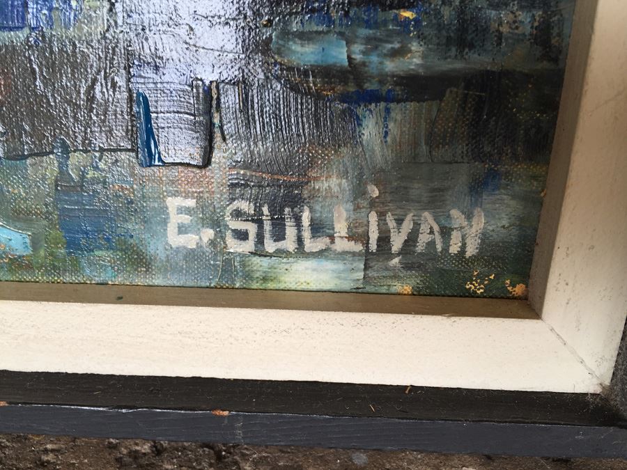 Original Mid-Century Abstract Cubism Oil Painting Titled 'Fishing Boats' By E. Sullivan [Photo 9]