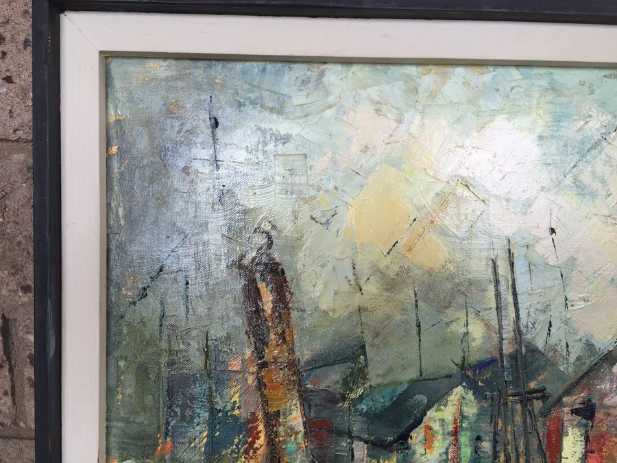 Original Mid-Century Abstract Cubism Oil Painting Titled 'Fishing Boats' By E. Sullivan [Photo 8]