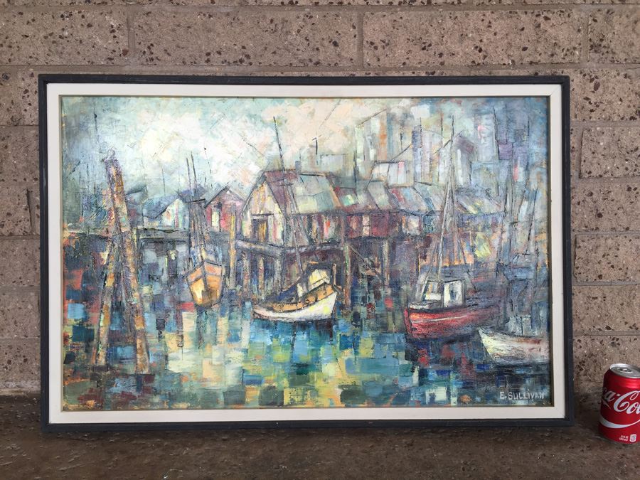 Original Mid-Century Abstract Cubism Oil Painting Titled 'Fishing Boats' By E. Sullivan [Photo 1]