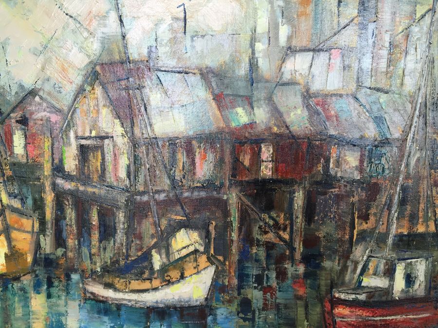Original Mid-Century Abstract Cubism Oil Painting Titled 'Fishing Boats' By E. Sullivan [Photo 3]