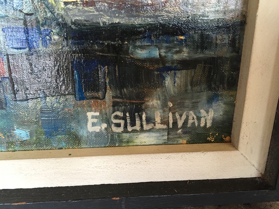 Original Mid-Century Abstract Cubism Oil Painting Titled 'Fishing Boats' By E. Sullivan [Photo 4]