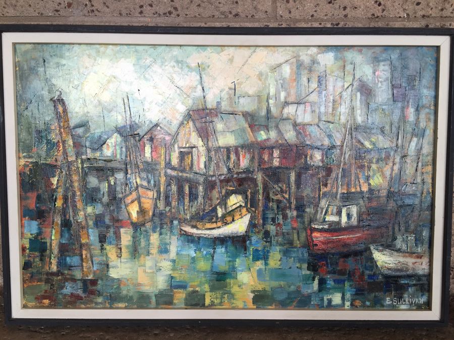Original Mid-Century Abstract Cubism Oil Painting Titled 'Fishing Boats' By E. Sullivan [Photo 2]