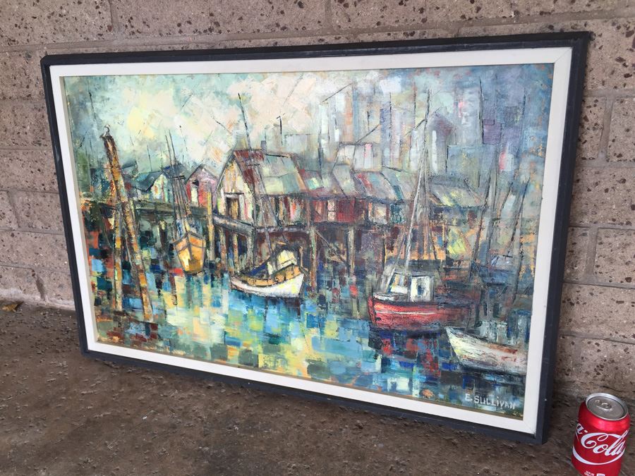 Original Mid-Century Abstract Cubism Oil Painting Titled 'Fishing Boats' By E. Sullivan [Photo 10]