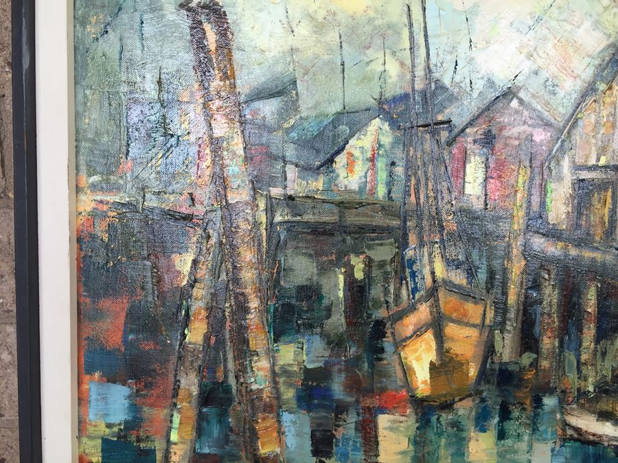 Original Mid-Century Abstract Cubism Oil Painting Titled 'Fishing Boats' By E. Sullivan [Photo 6]