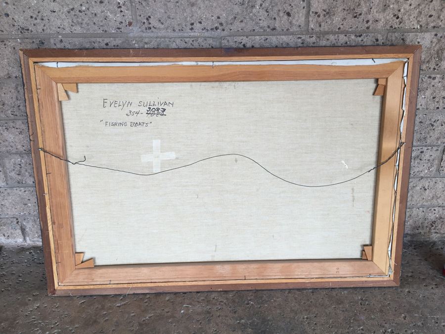 Original Mid-Century Abstract Cubism Oil Painting Titled 'Fishing Boats' By E. Sullivan [Photo 11]