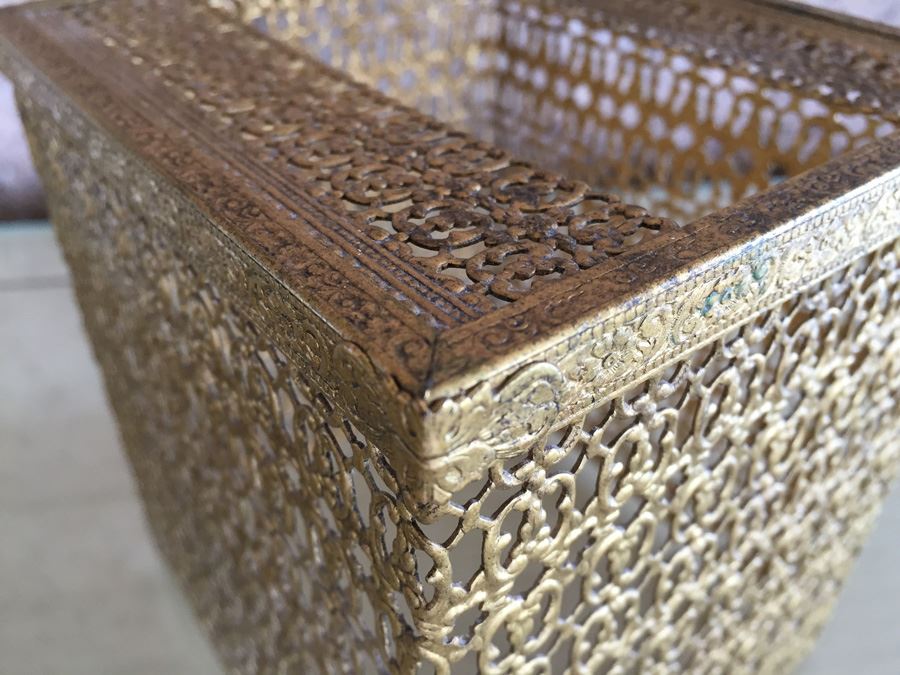 Gold Gilt Metal Hollywood Regency Filigree Jewelry Box And Tissue Box [Photo 9]