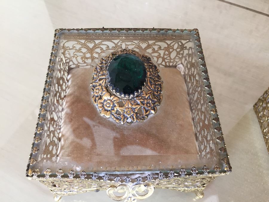 Gold Gilt Metal Hollywood Regency Filigree Jewelry Box And Tissue Box [Photo 13]